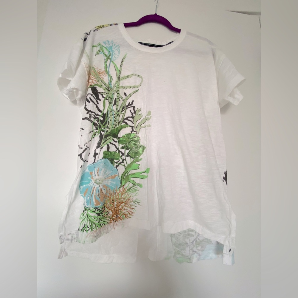 Anthropologie White Tee with Green and Blue Floral Design